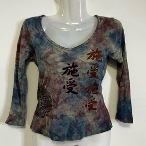 ◾️Y2K Yogi Half Sleeve Tie Dye Rhinestone 
And Calligraphy Accent Top